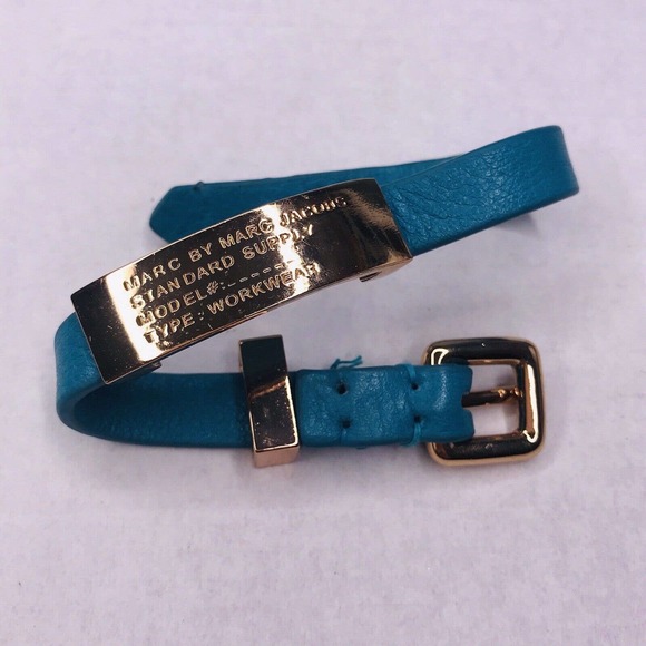 Marc by Marc Jacobs Teal Blue Leather Bracelet Gold Belt ID Tone **FLAW - Picture 2 of 8